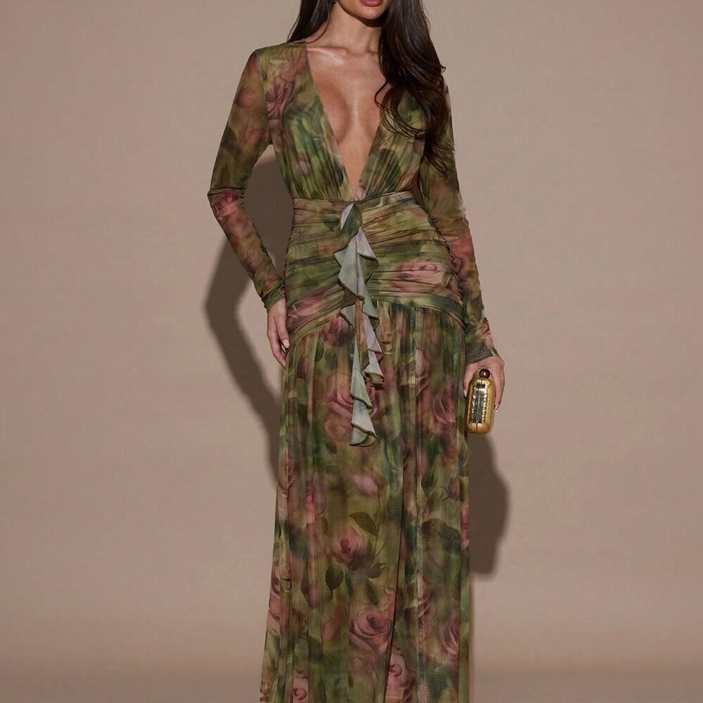 Green Elegant Women's Sexy Floral Print Deep V-Neck Dress - Picture 3 of 6